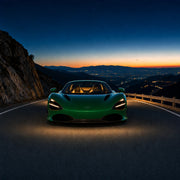 Driver steering an emerald supercar along a mountain switchback at dusk, Supercar experience gift