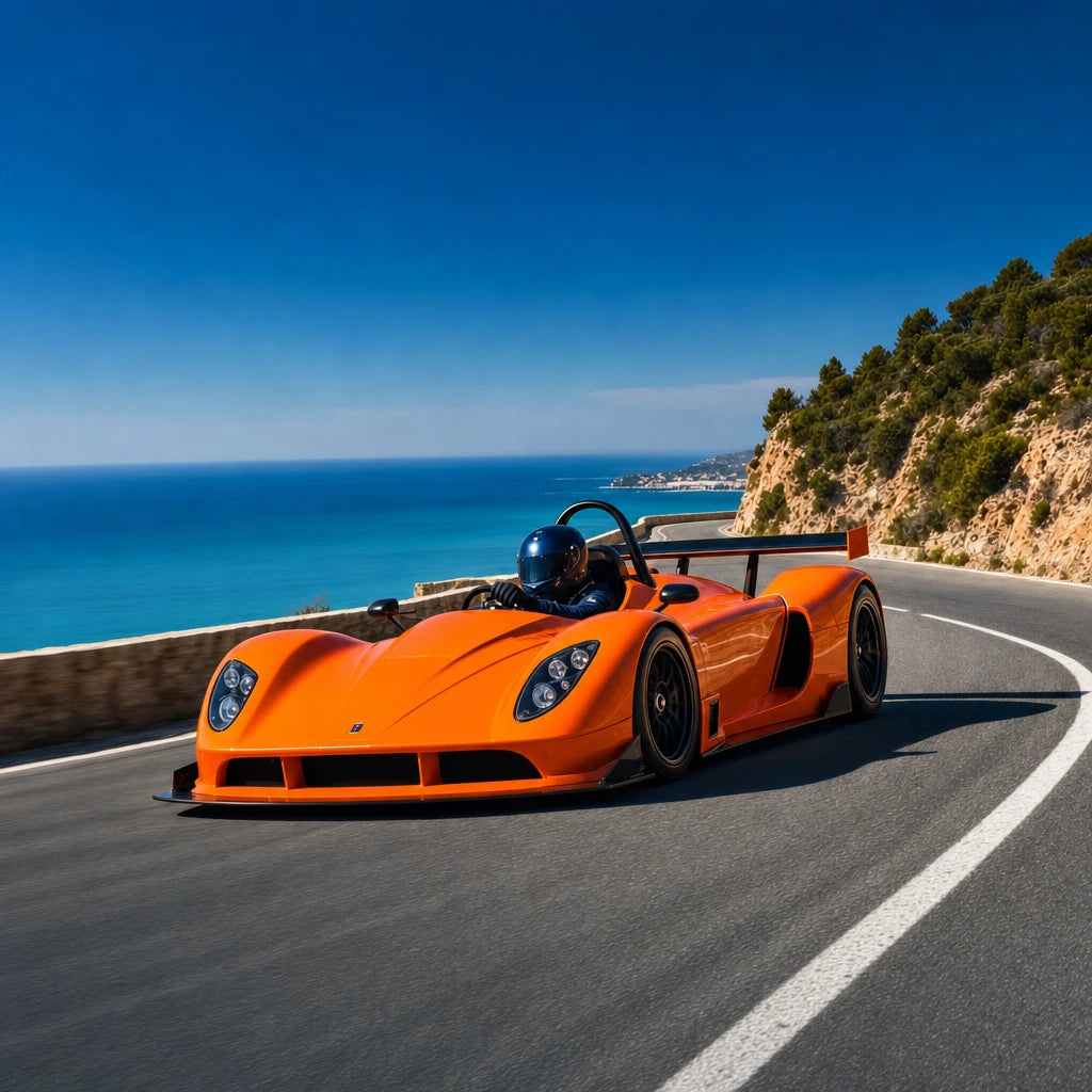 Helmeted driver cornering an orange GT race car above the sea, Thrill rides experience gift