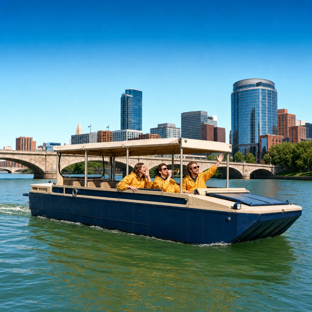 Three tourists in bright ponchos waving from a duck boat on the river, Duck Boat Tour experience gift
