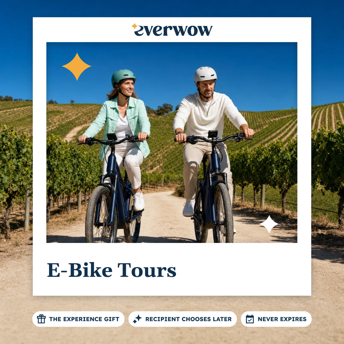 Everwow E-Bike Tours experience gift photo in a frame, couple cycling through vineyards