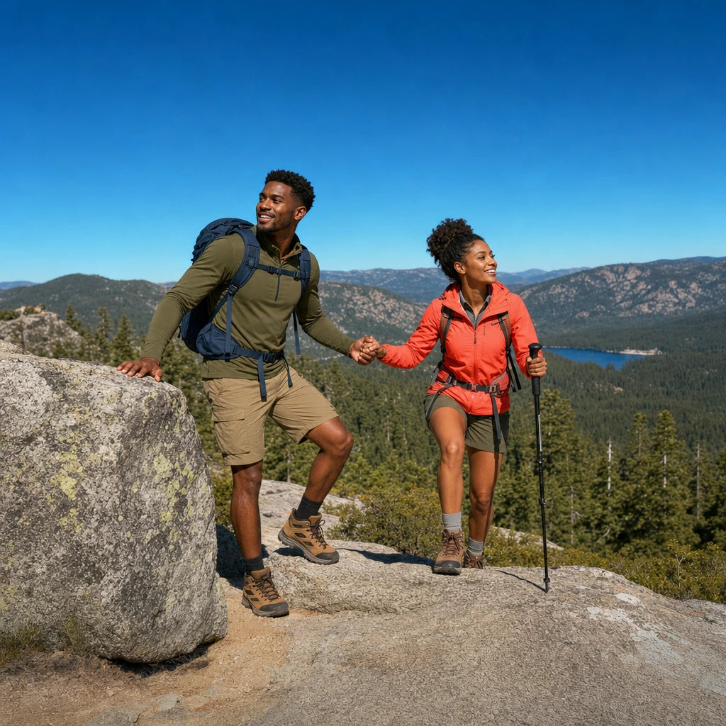 Hiker helping his partner up a granite switchback above a forested ridge, Eco Hiking Adventure experience gift