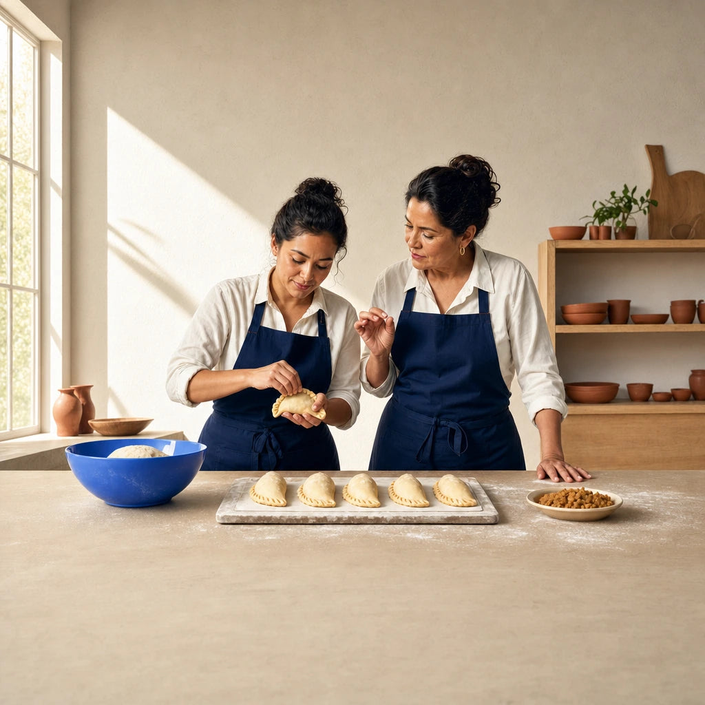 Student crimping empanadas in a sunlit kitchen as her instructor guides her, Empanada Making Class experience gift