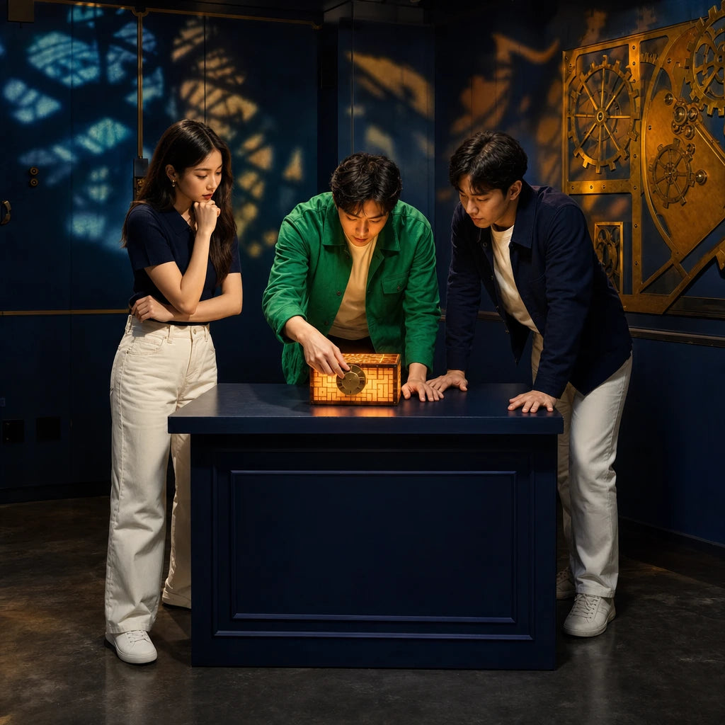 Three friends solving a glowing puzzle box in an escape room, Escape Quest experience gift