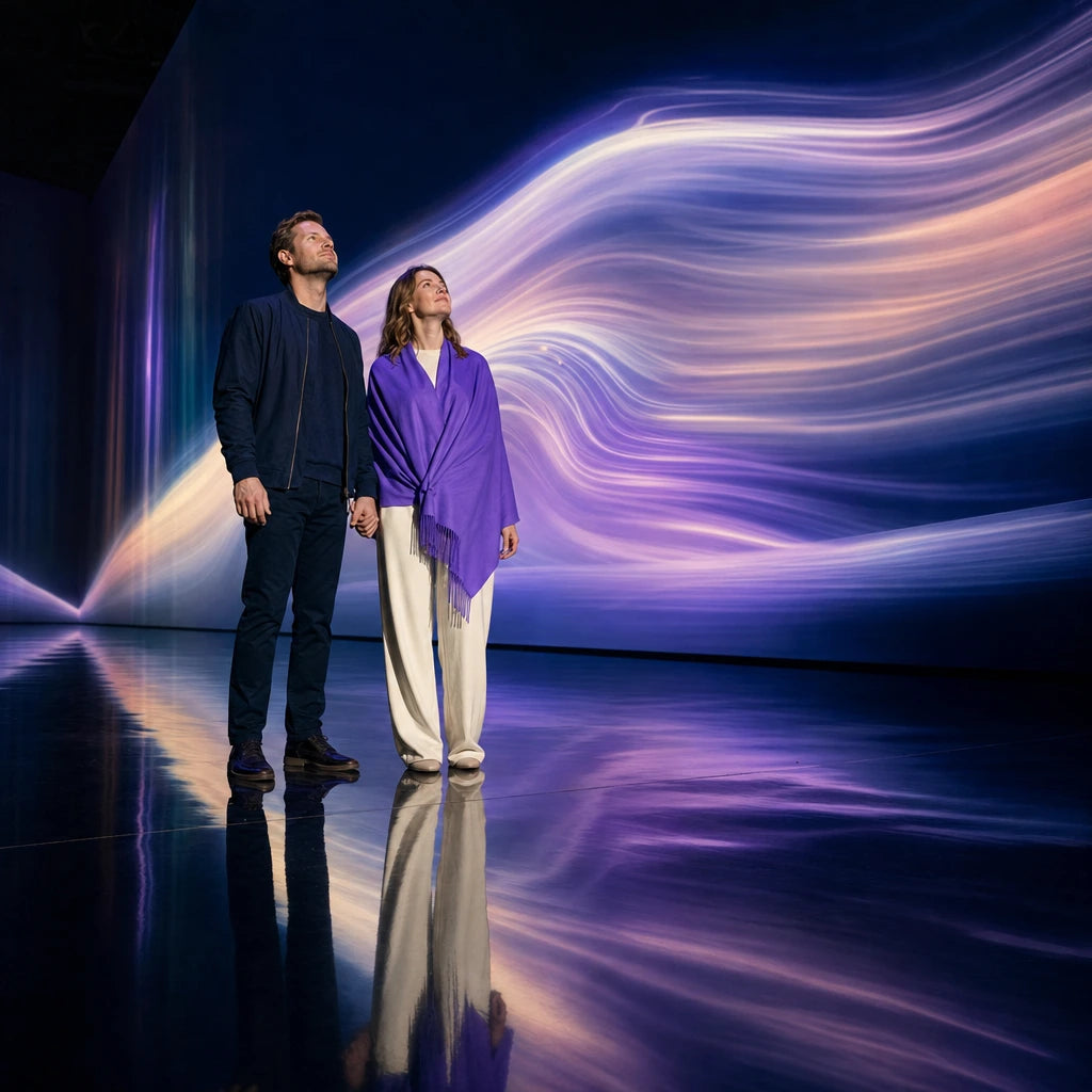 Couple standing hand in hand as waves of light fill an immersive projection hall, Immersive Worlds experience gift