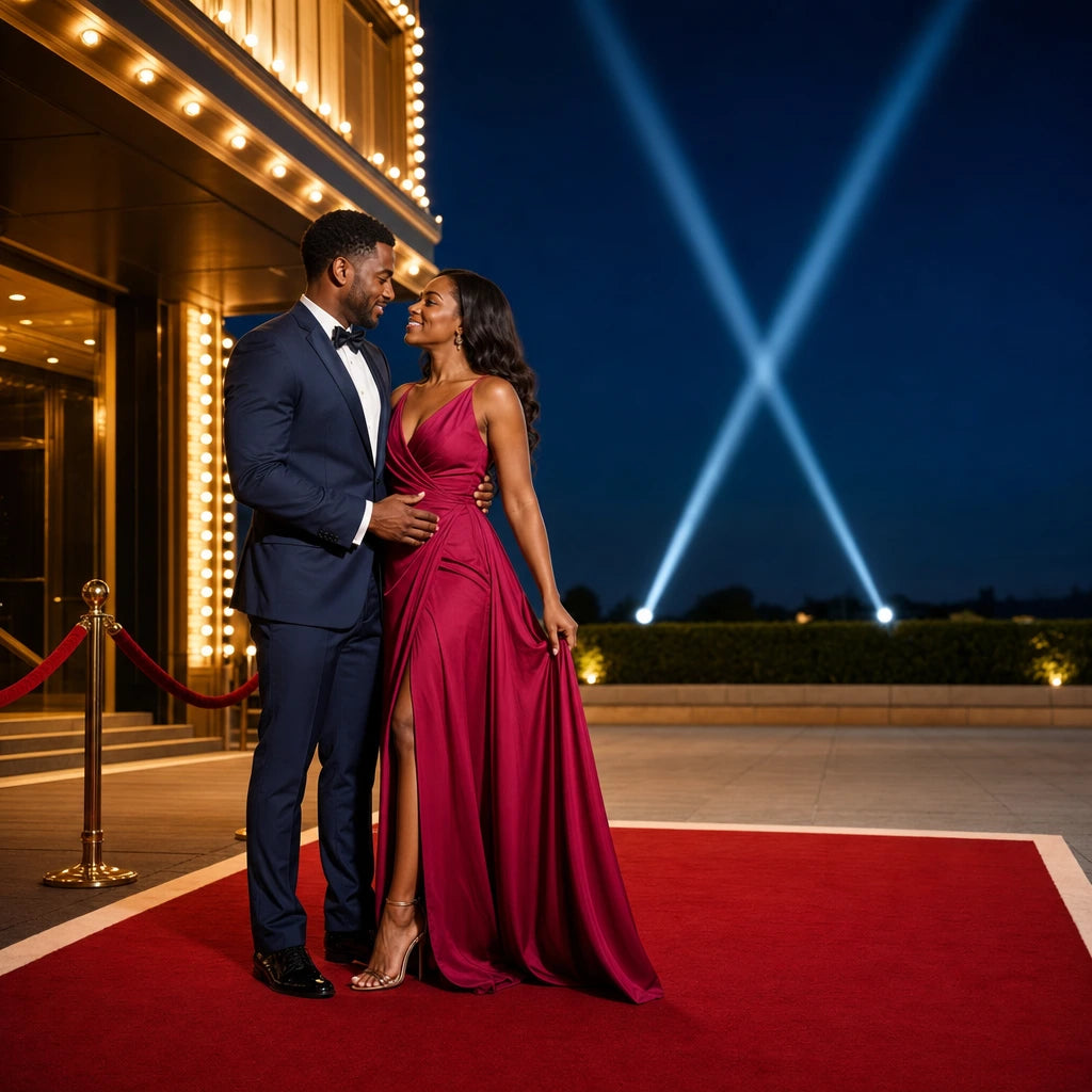 Couple on a red carpet at dusk under marquee lights and searchlights, Red Carpet experience gift