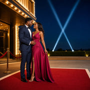 Couple on a red carpet at dusk under marquee lights and searchlights, Red Carpet experience gift