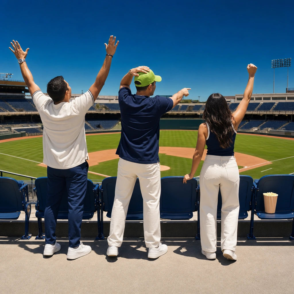 Three friends leaping to their feet mid-cheer in sunlit ballpark stands, Sports Action experience gift
