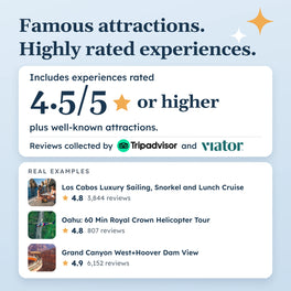Card with three top-rated experience examples: every experience is rated 4.5/5 or higher, with reviews collected by Tripadvisor and Viator