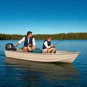 Father steering a fishing boat as his son holds a bent rod, Dad & Me experience gift