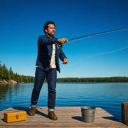 Father casting from a charter boat as his son holds the landing net, Dad's Day Off experience gift
