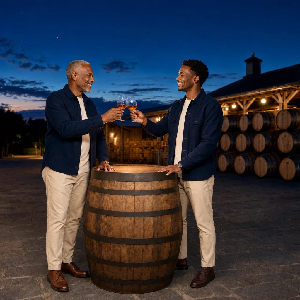Father and son toasting bourbon over a barrel table at dusk, Dad's Getaway experience gift
