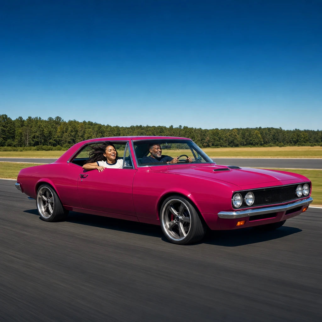 Father and adult daughter grinning in a magenta muscle car on a sunlit track, Superdad experience gift