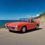 Father driving a classic convertible along a sunlit coastal road, Dad's Choice experience gift