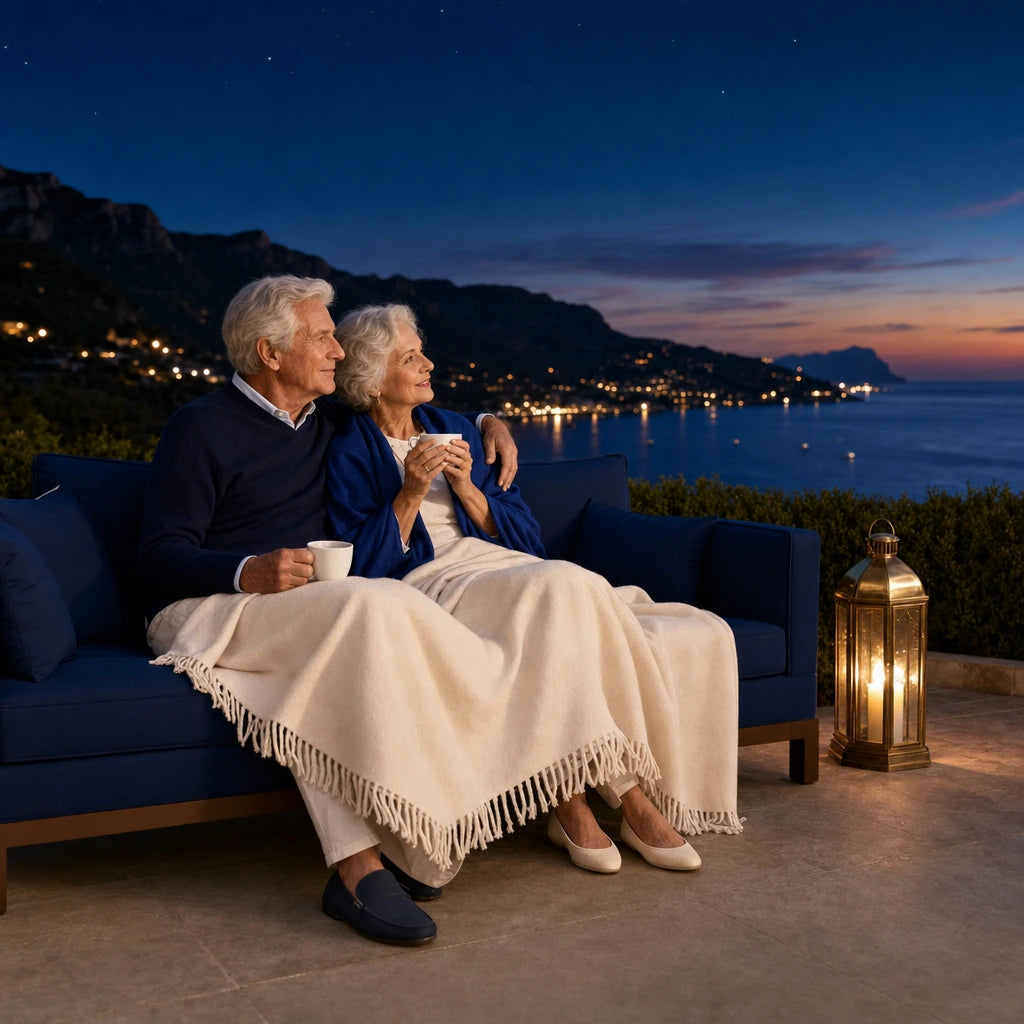 Grandparents with tea under a throw on a resort terrace at dusk, Getaway Weekend experience gift