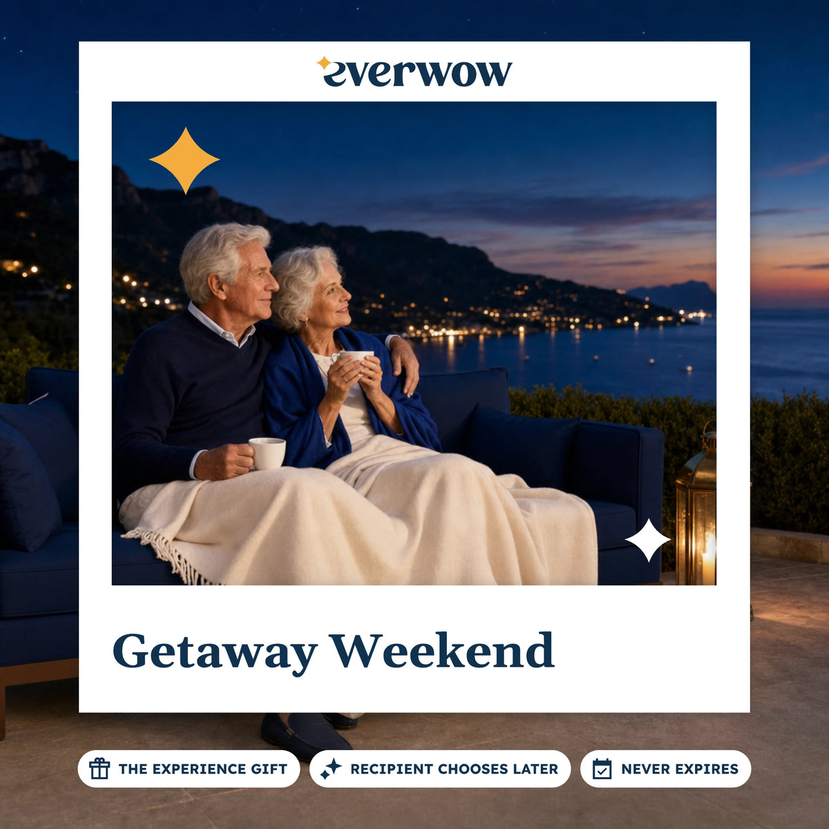 Everwow Getaway Weekend experience gift photo in a frame, grandparents on a resort terrace
