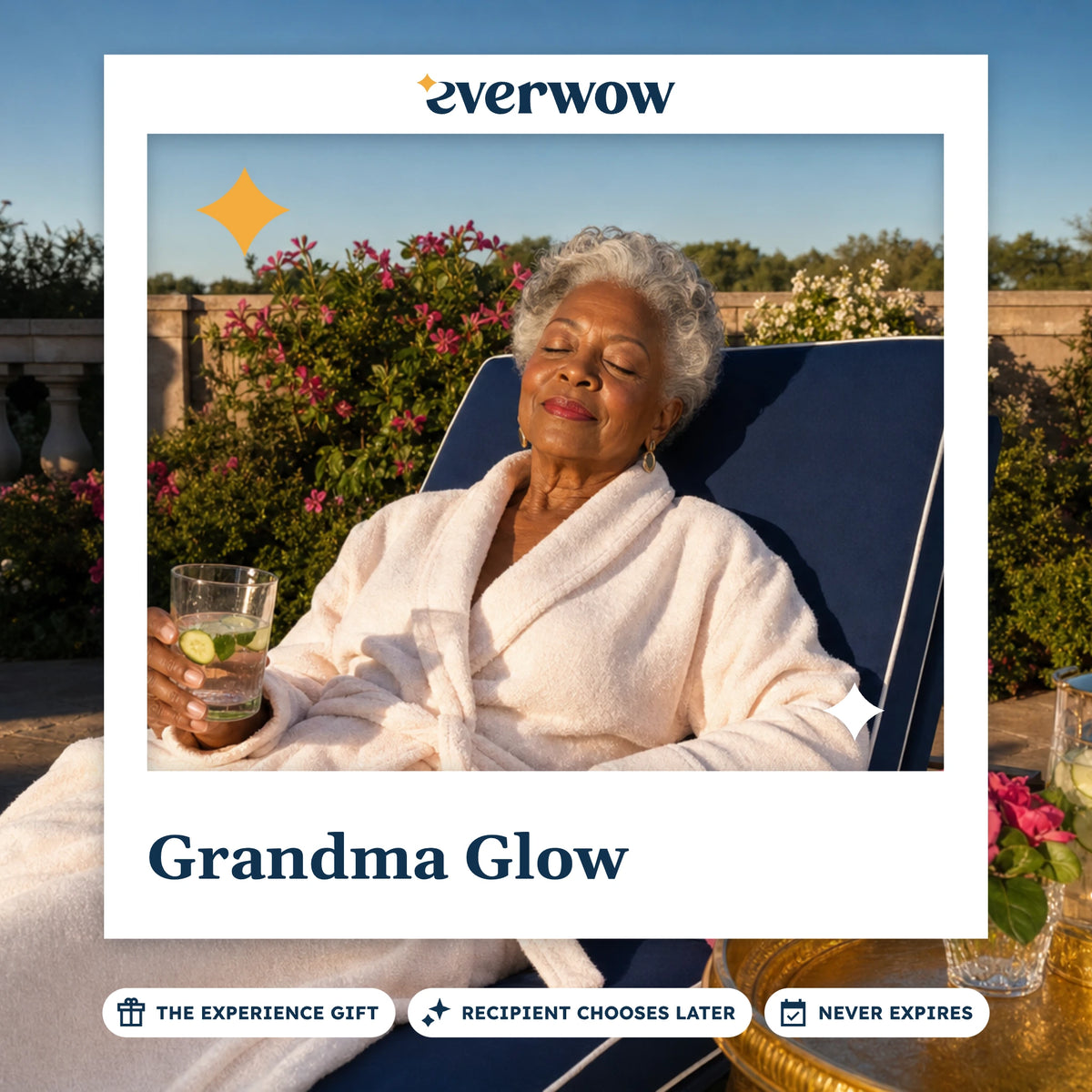 Everwow Grandma Glow experience gift photo in a frame, grandmother on a lounger