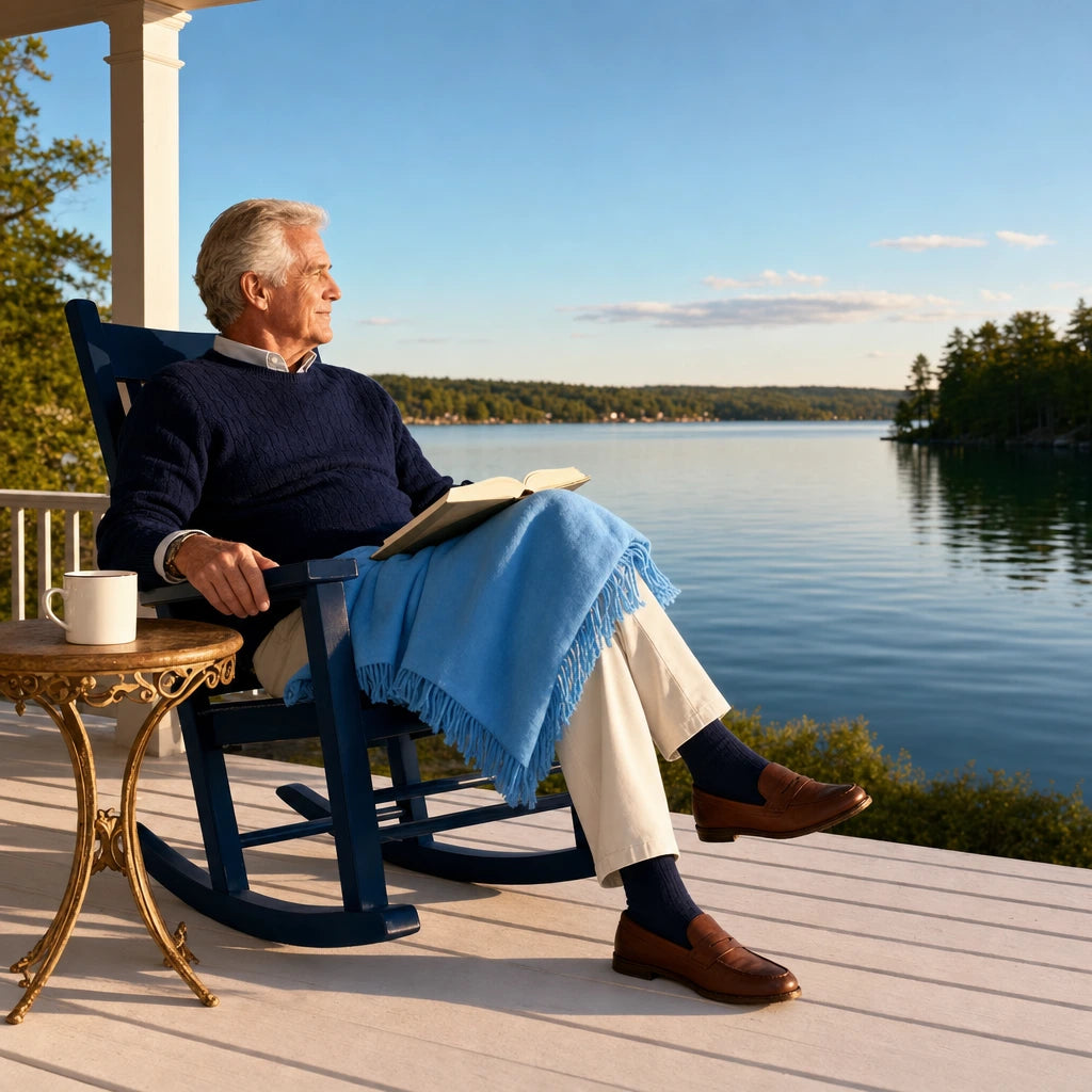 Grandfather reading with coffee on a lakeside porch at evening, Grandpa Unwind experience gift