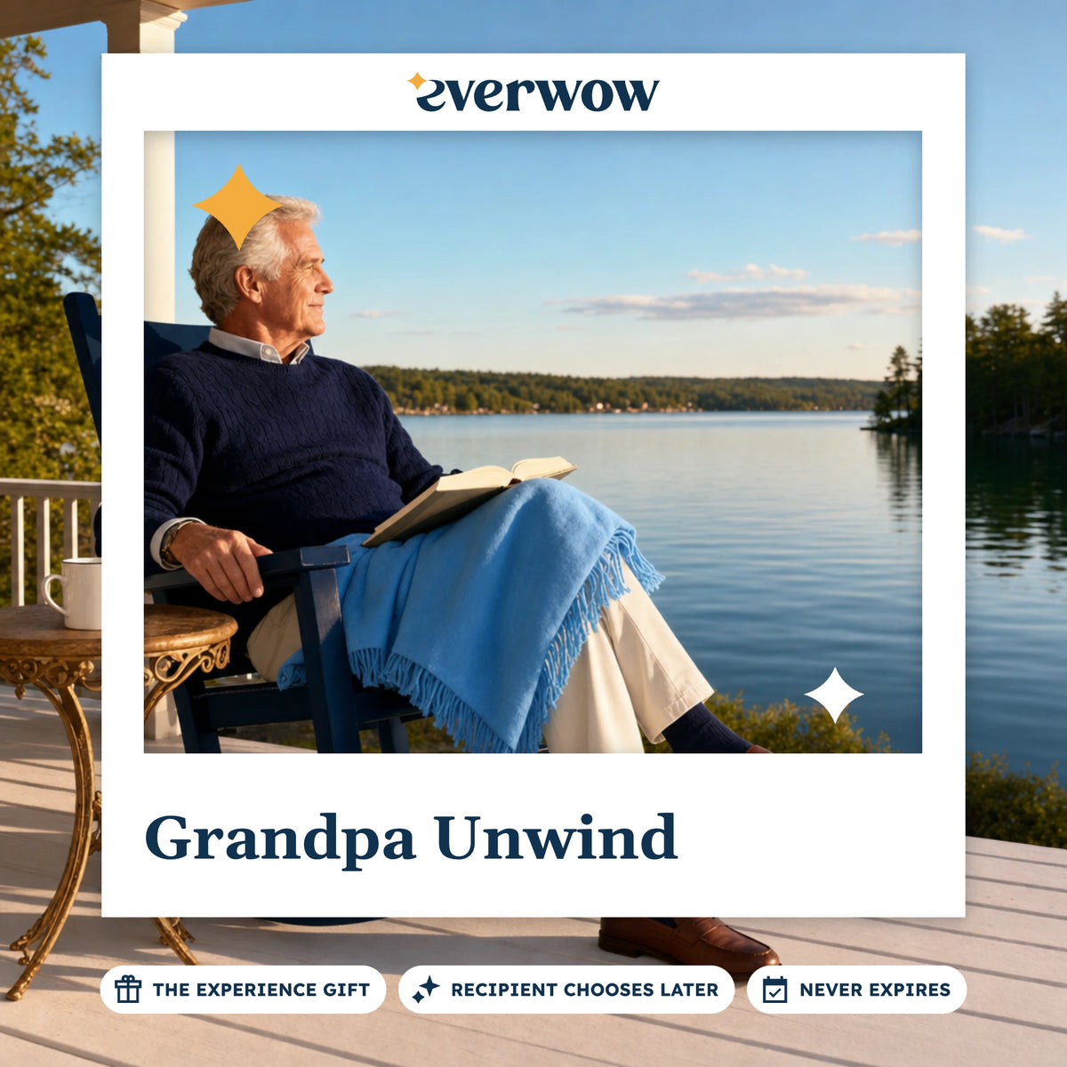 Everwow Grandpa Unwind experience gift photo in a frame, reading on a lakeside porch