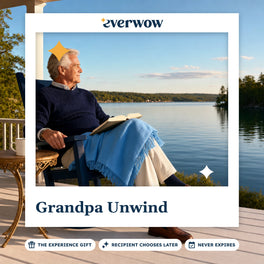 Everwow Grandpa Unwind experience gift photo in a frame, reading on a lakeside porch