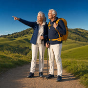 Grandparents pausing mid-hike on a meadow trail at evening, Happy Trails experience gift