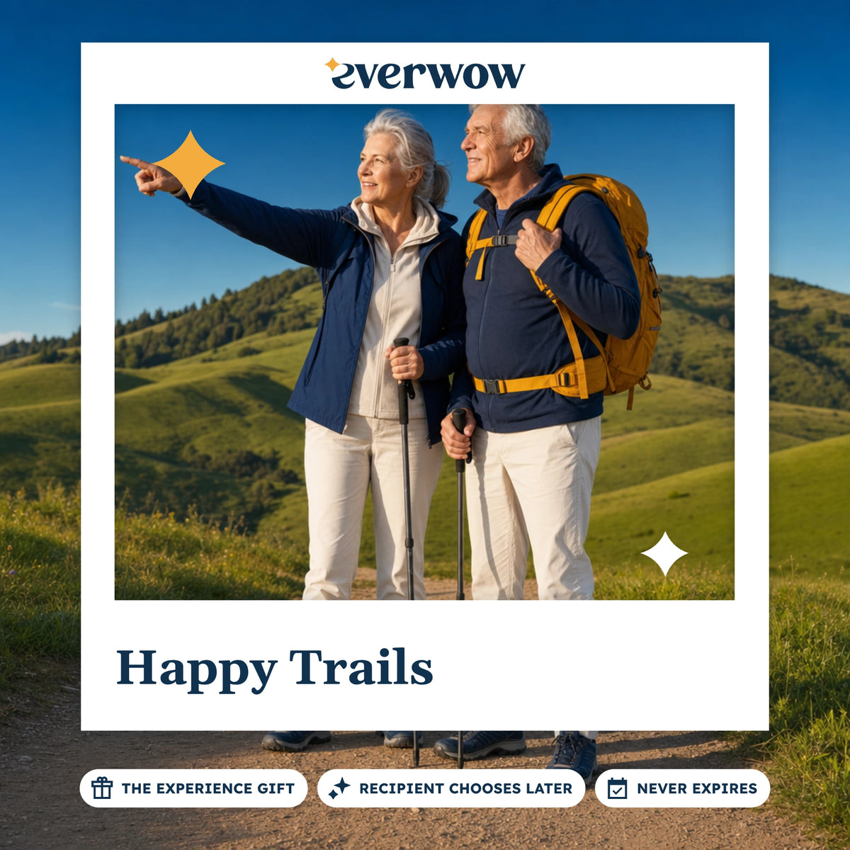 Everwow Happy Trails experience gift photo in a frame, grandparents hiking a trail
