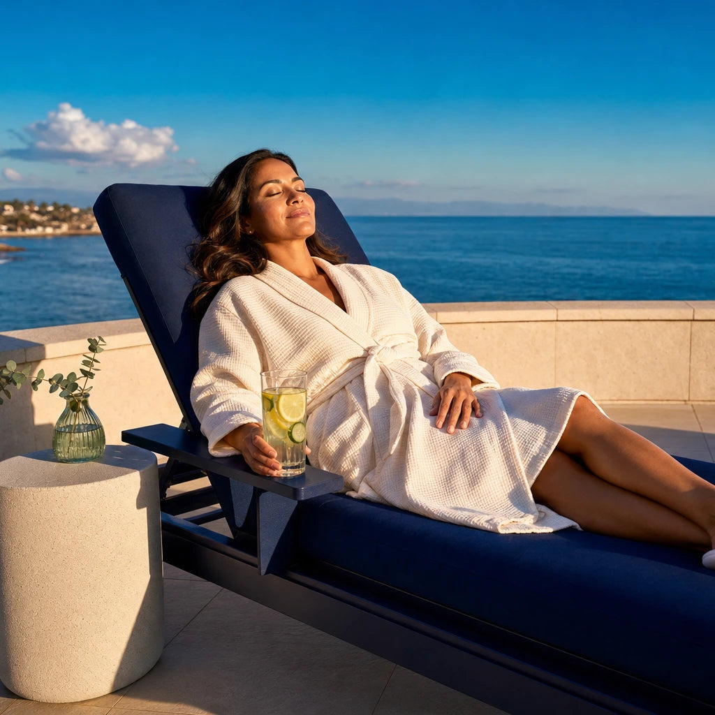 Mother resting on a sea-view spa lounger with a cool cloth, Mom Recharge experience gift