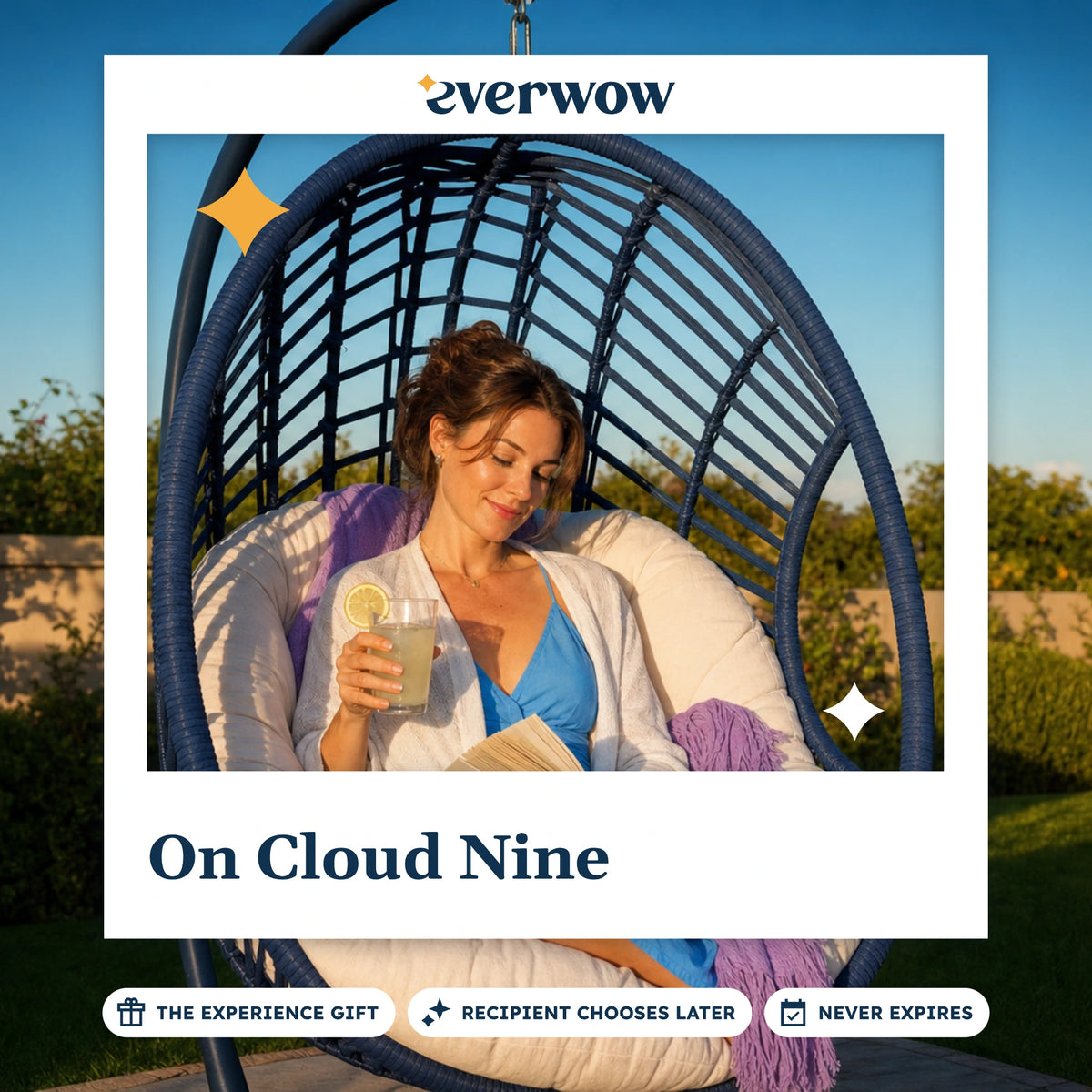 Everwow On Cloud Nine experience gift photo in a frame, reading in a cocoon chair