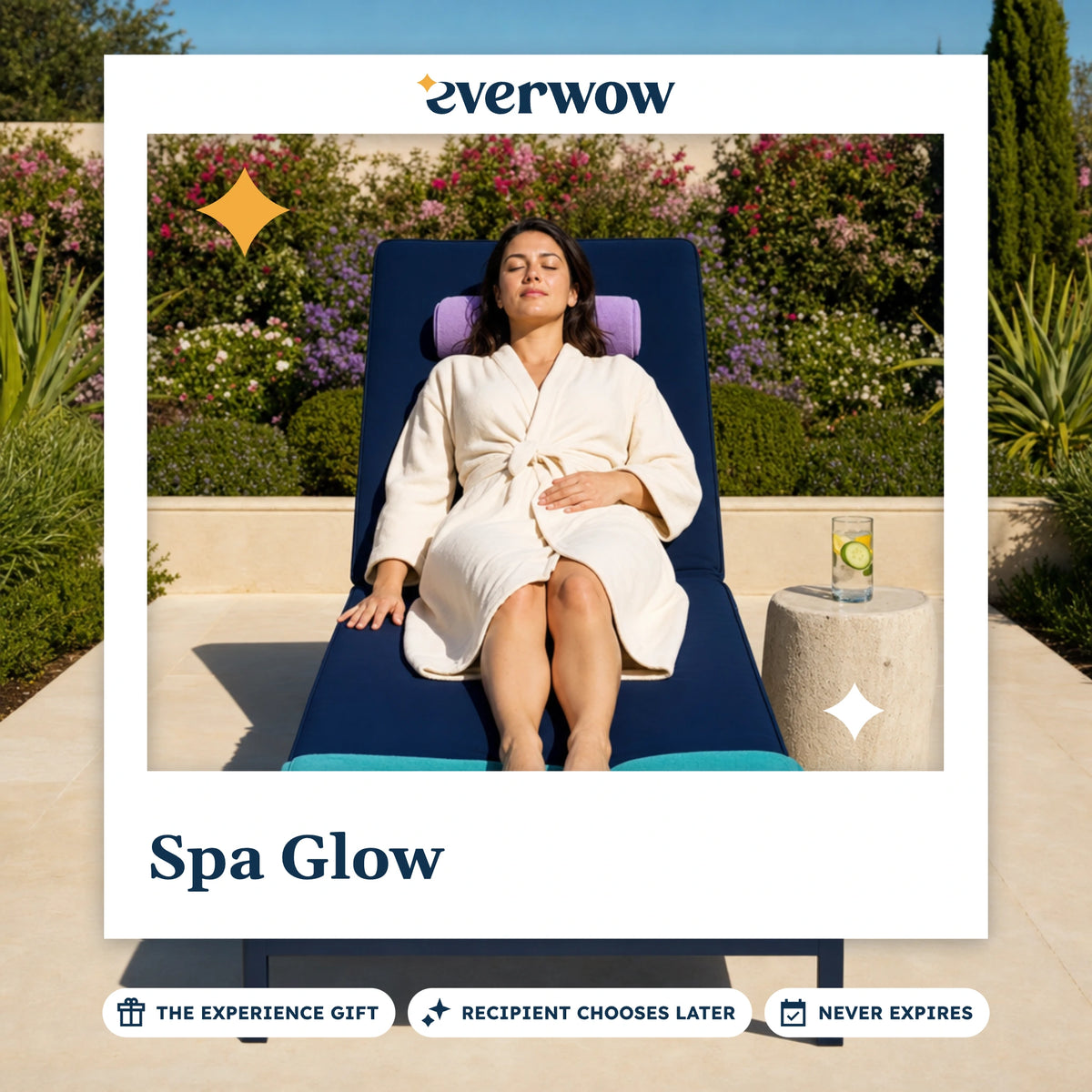 Everwow Spa Glow experience gift photo in a frame, morning garden spa lounger