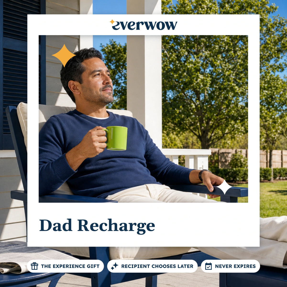 Everwow Dad Recharge experience gift photo in a frame, dad with coffee on porch