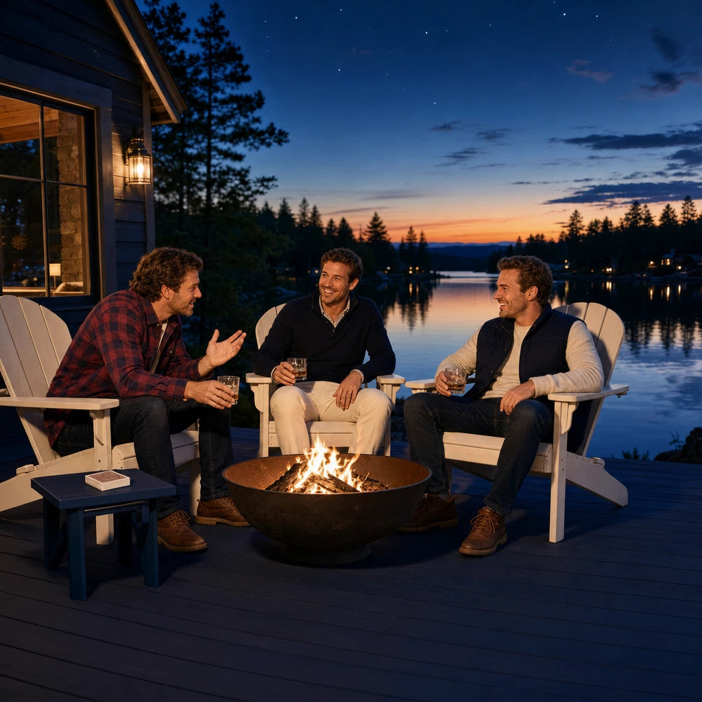 Three friends with whiskeys around a fire bowl on a lake-cabin deck, Guys Weekend experience gift