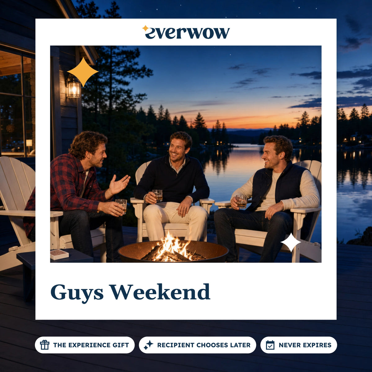 Everwow Guys Weekend experience gift photo in a frame, friends by a fire bowl at dusk