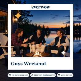 Everwow Guys Weekend experience gift photo in a frame, friends by a fire bowl at dusk