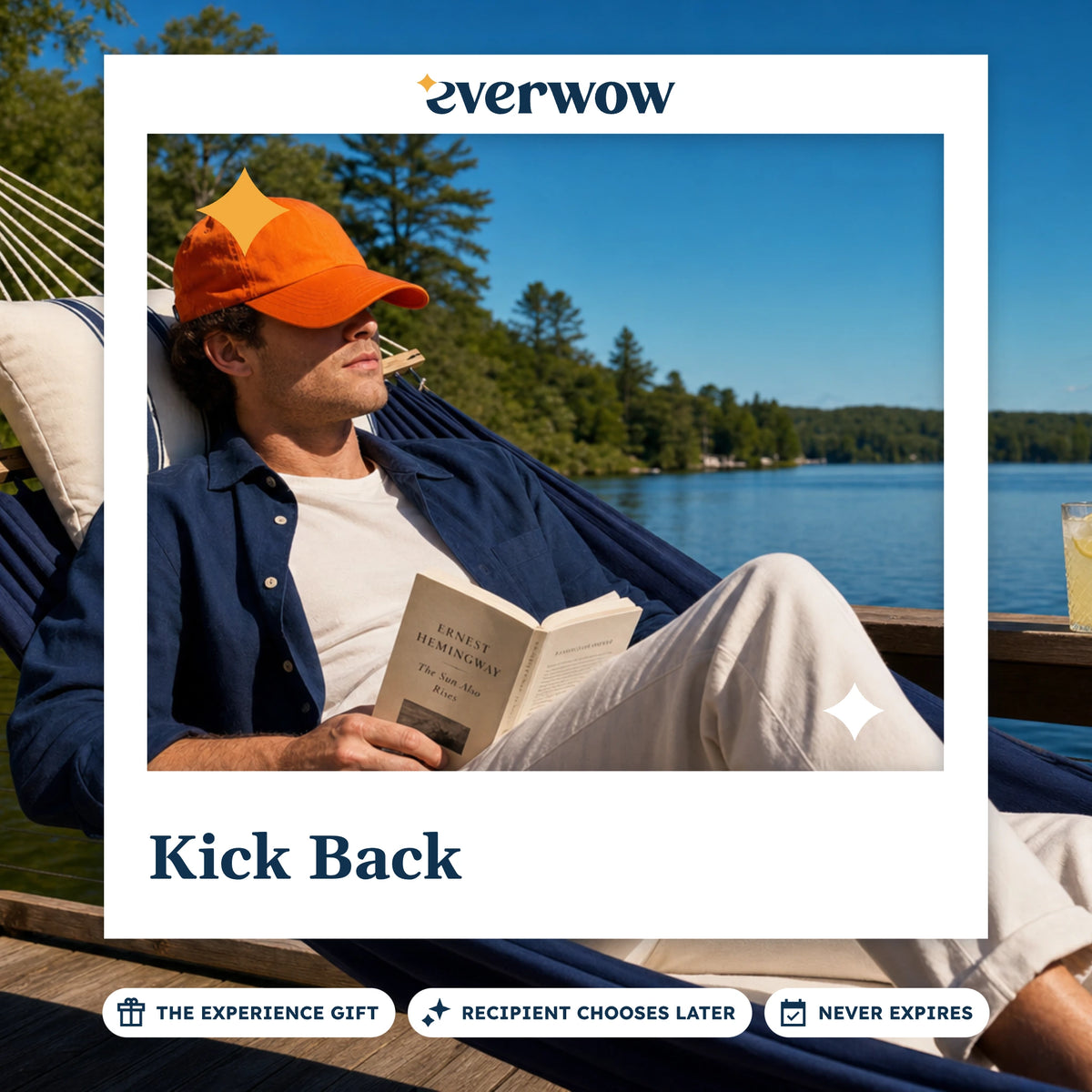 Everwow Kick Back experience gift photo in a frame, hammock on a lake deck