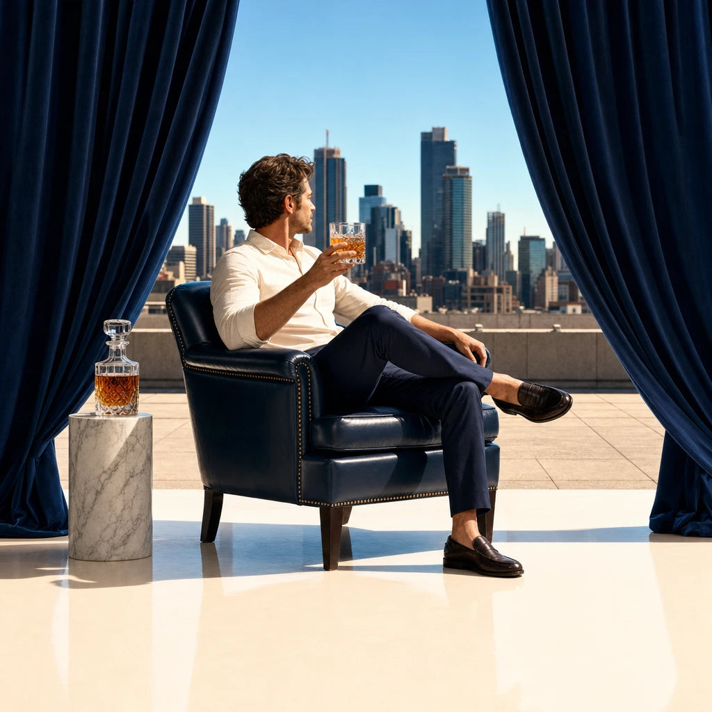 Man swirling a whiskey from a leather chair above a sunlit rooftop skyline, King Day experience gift