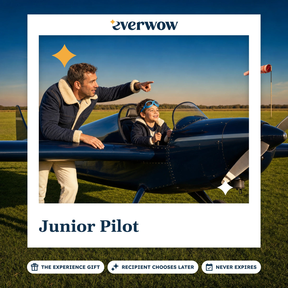 Everwow Junior Pilot experience gift photo in a frame, child in a small plane cockpit