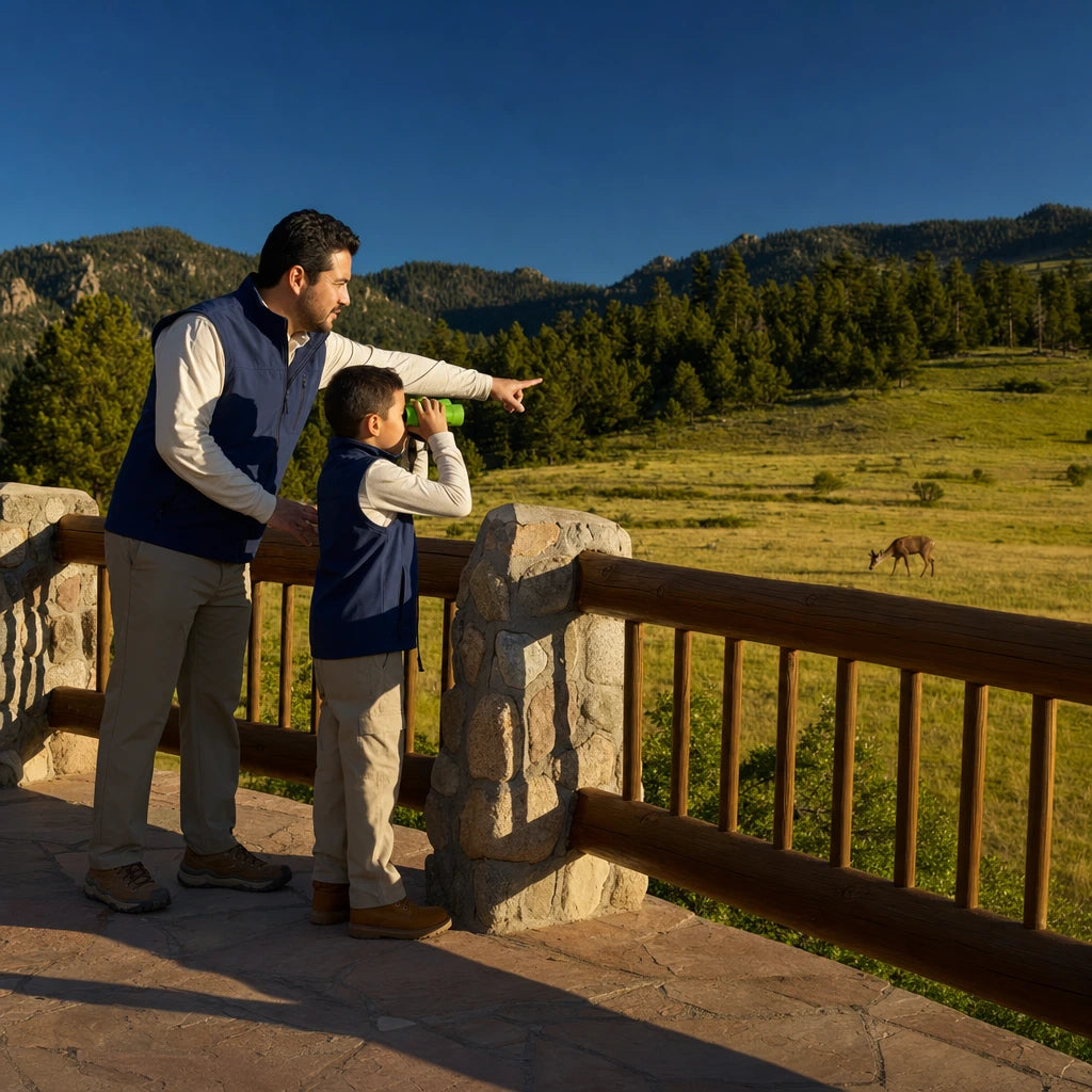 Child watching a deer through binoculars at a park overlook as a parent points, Junior Ranger experience gift