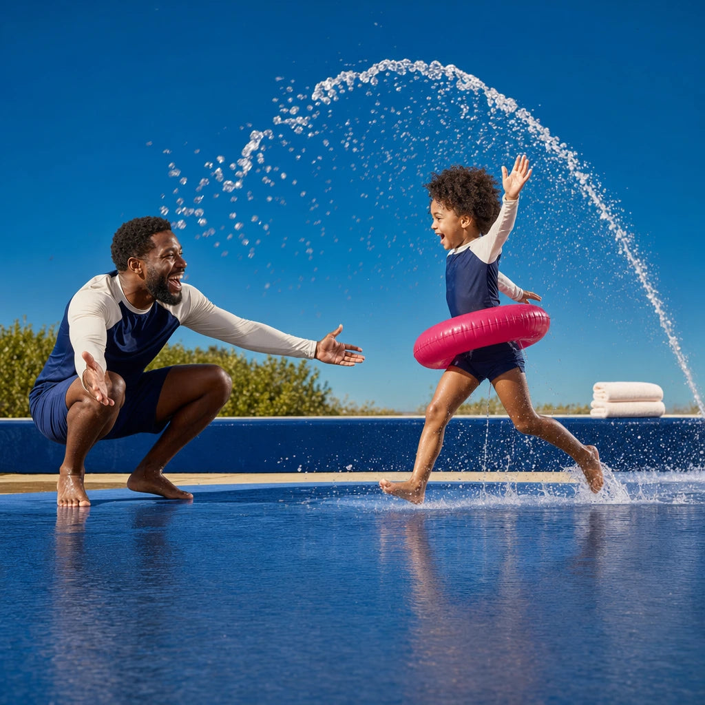 Child charging through a water jet at a splash pad as a parent laughs, Splish Splash experience gift