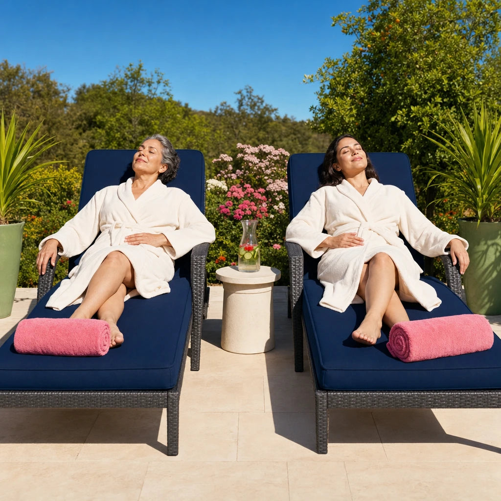 Mother and daughter relaxing in robes on spa loungers in a garden court, Momma Glow experience gift