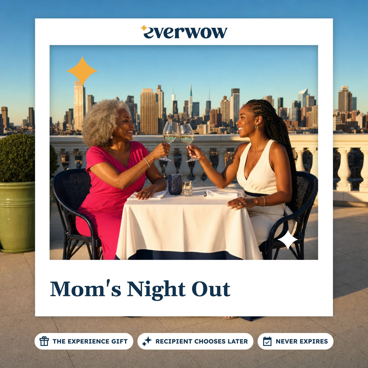 Everwow Mom's Night Out experience gift photo in a frame, rooftop dinner toast