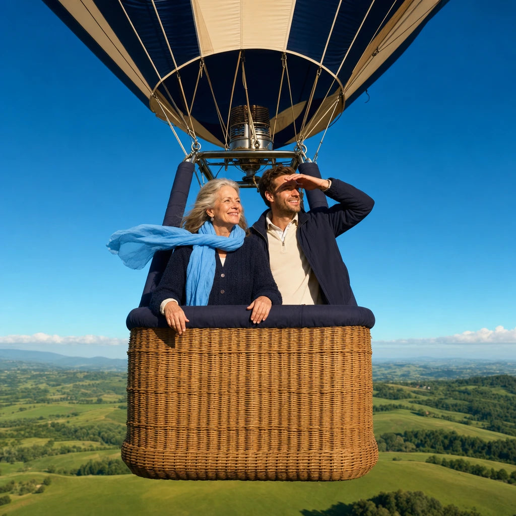 Mother and adult son in a hot-air balloon over a green morning valley, Supermom experience gift