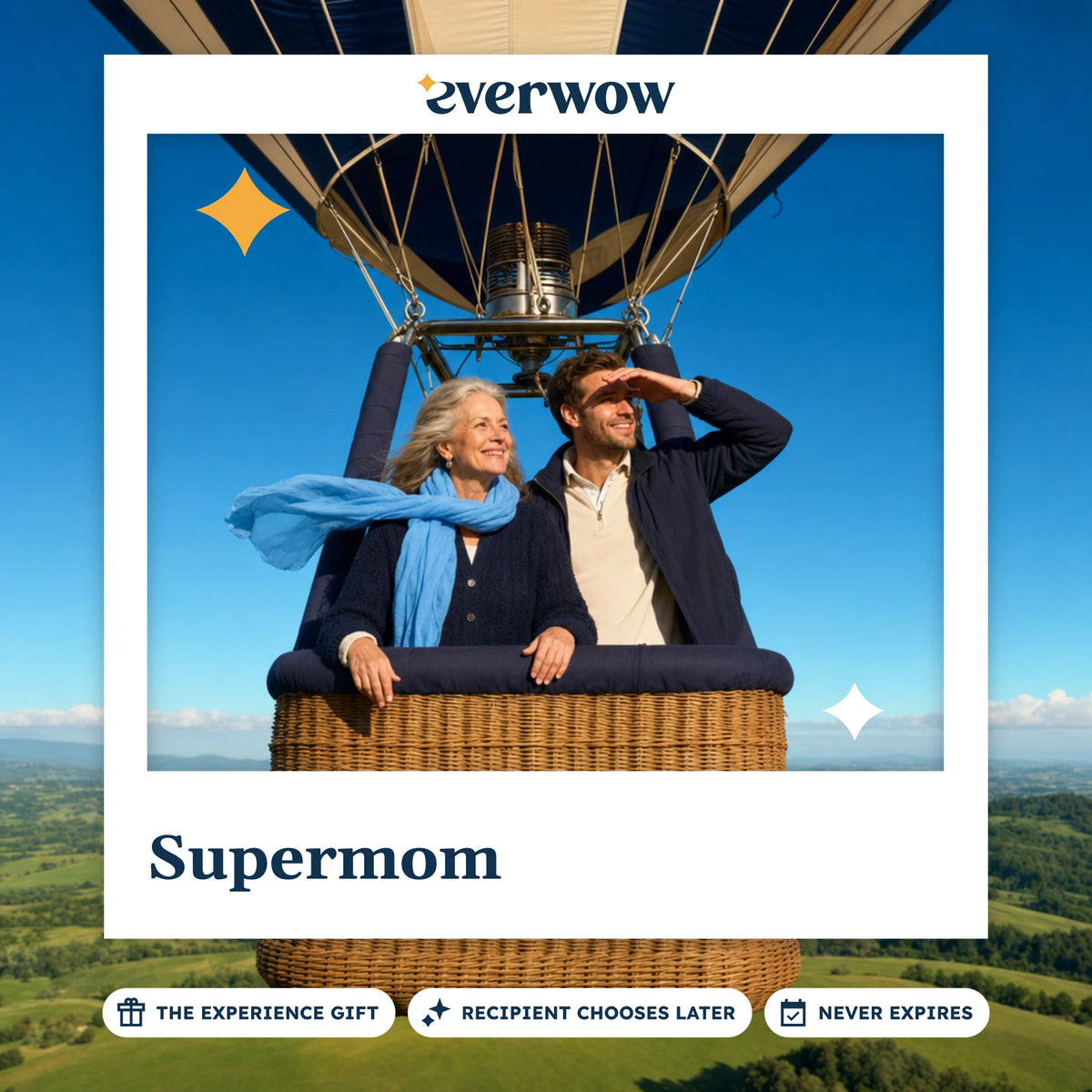 Everwow Supermom experience gift photo in a frame, hot-air balloon over a valley