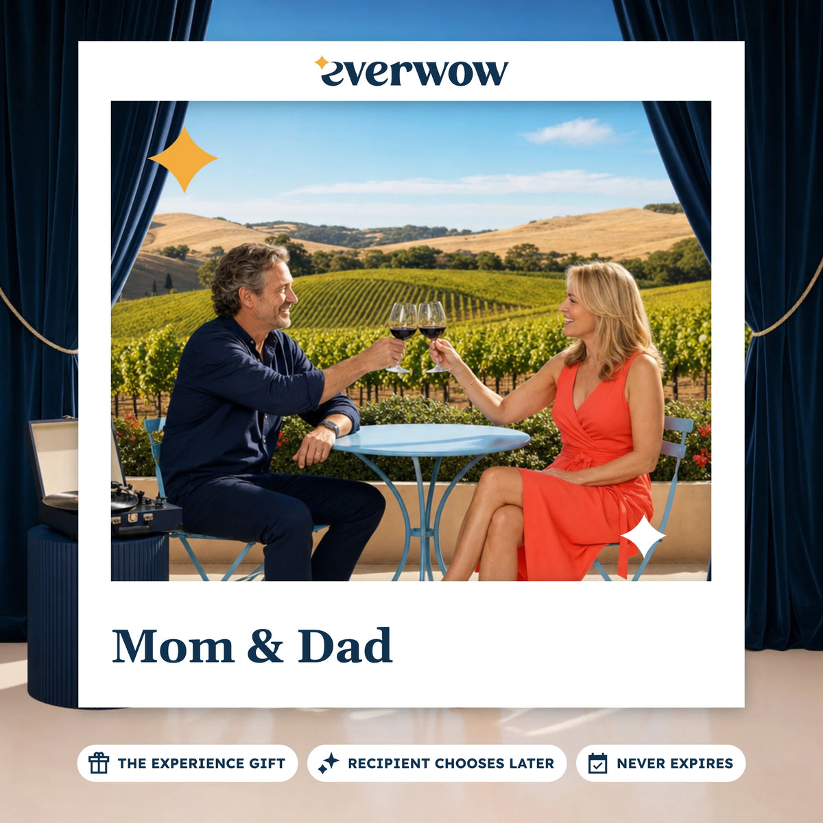 Everwow Mom & Dad experience gift photo in a frame, vineyard terrace toast