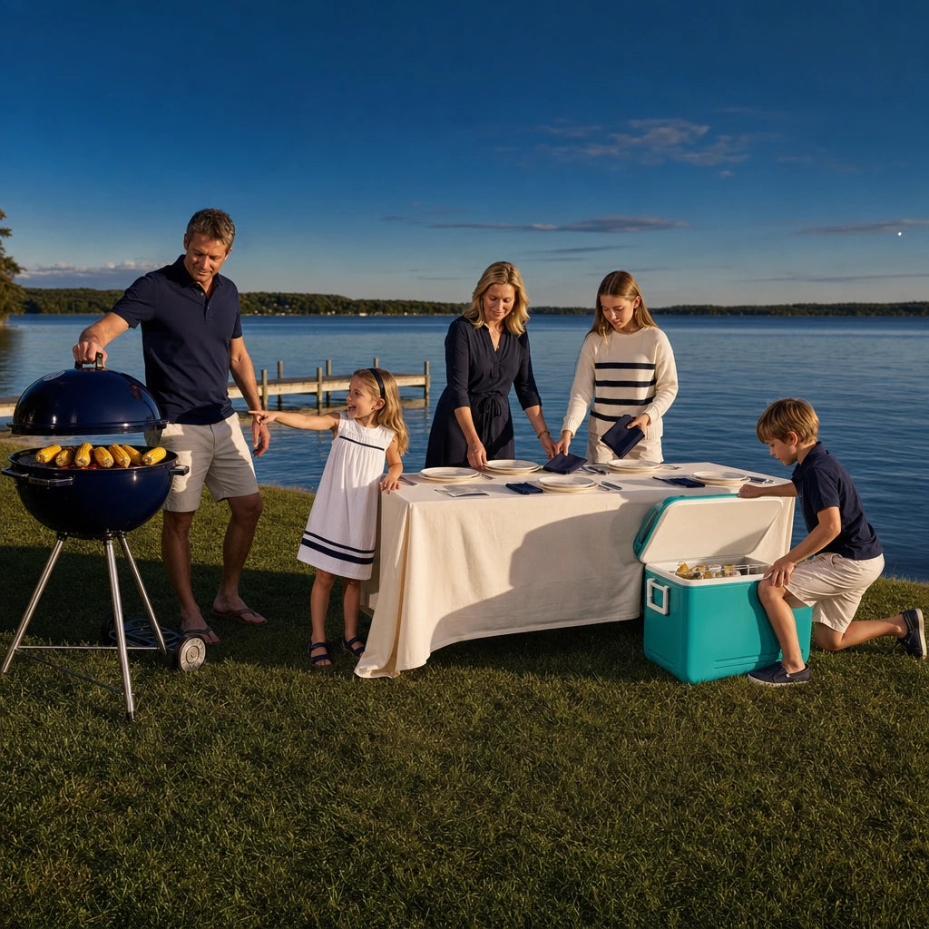 Family of five preparing a lakeshore cookout together at evening, Full House experience gift