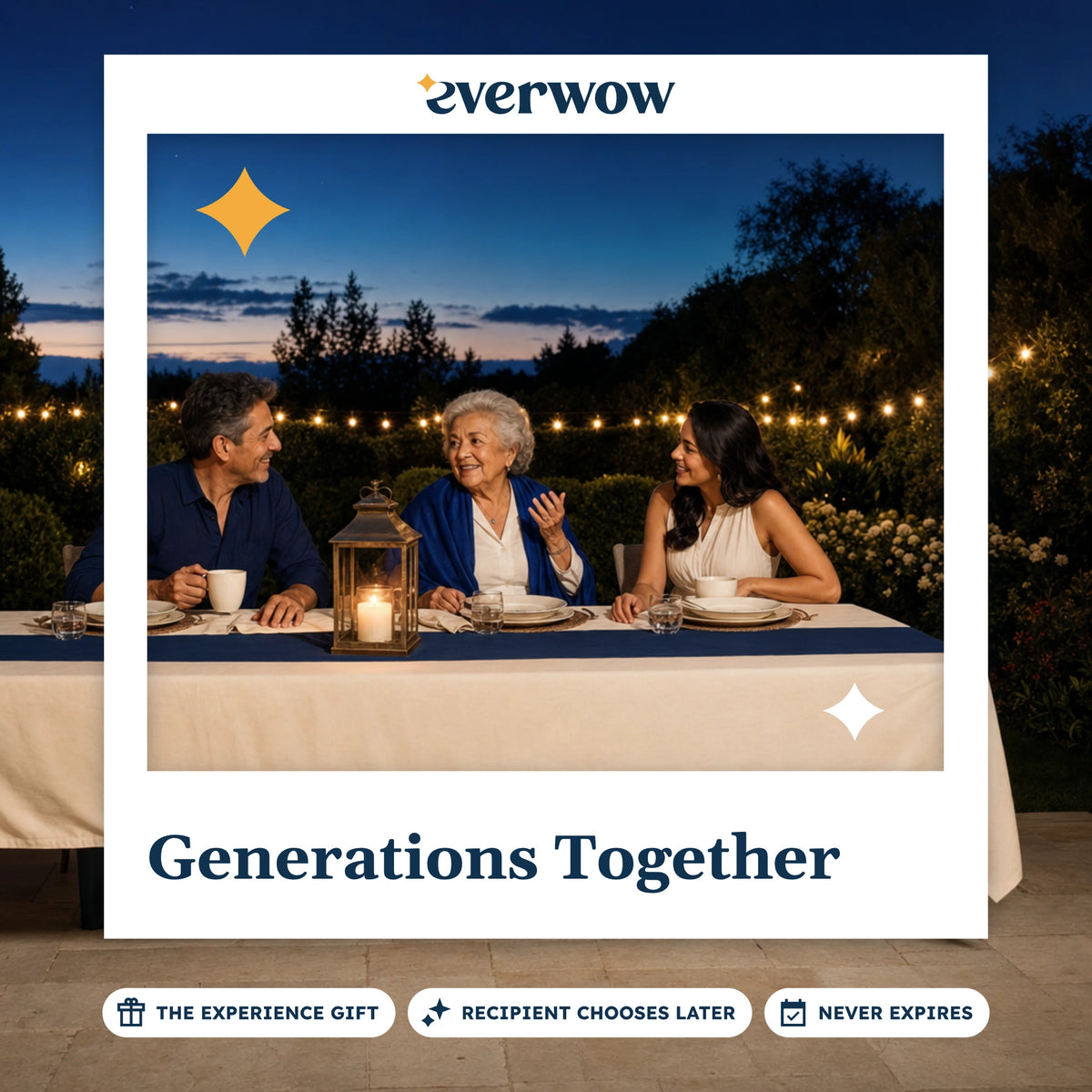 Everwow Generations Together experience gift photo in a frame, family dinner under string lights