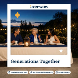 Everwow Generations Together experience gift photo in a frame, family dinner under string lights