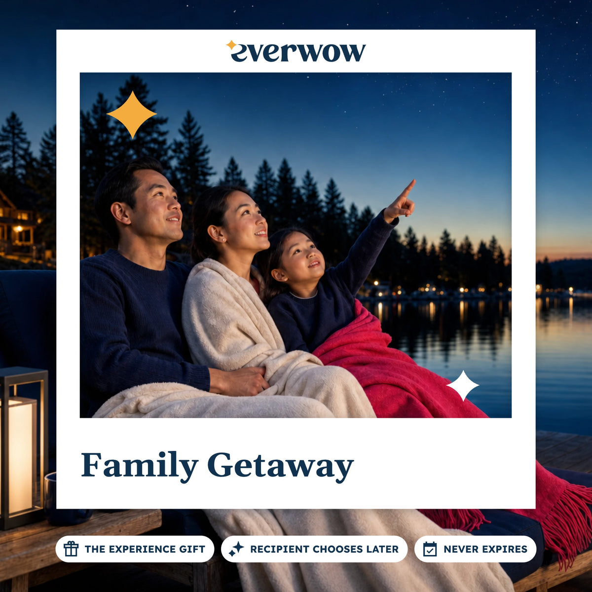 Everwow Family Getaway experience gift photo in a frame, stargazing on a lake dock