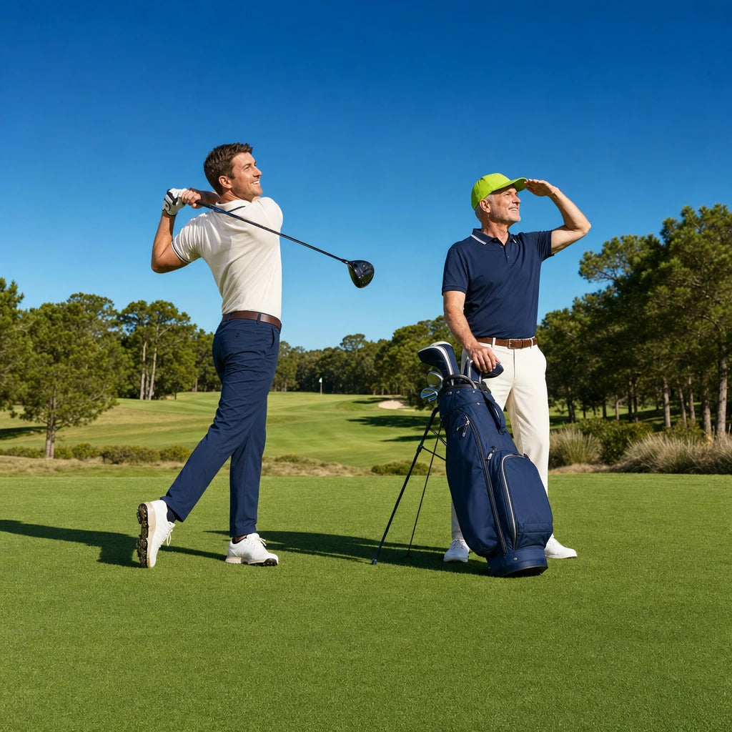 Father and adult son sharing a round of golf on a sunlit fairway, Time with Dad experience gift