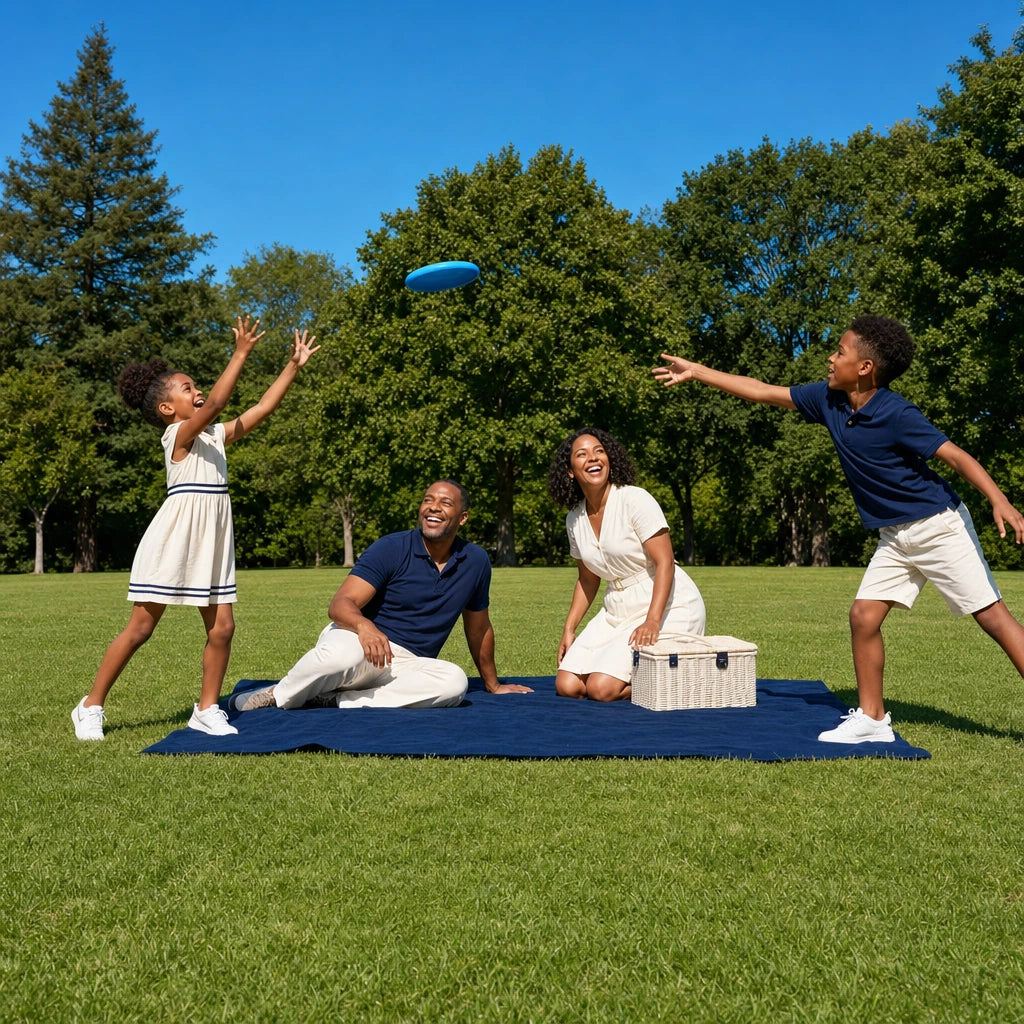 Family of four playing frisbee during a picnic in a sunlit park, We Are Family experience gift