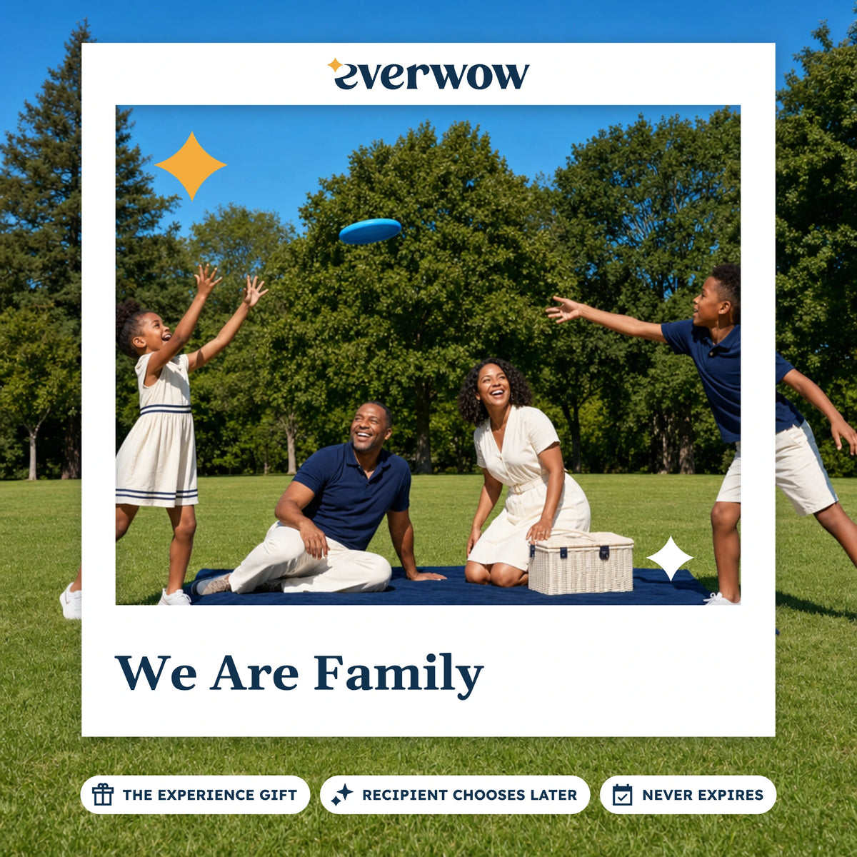 Everwow We Are Family experience gift photo in a frame, park picnic frisbee game