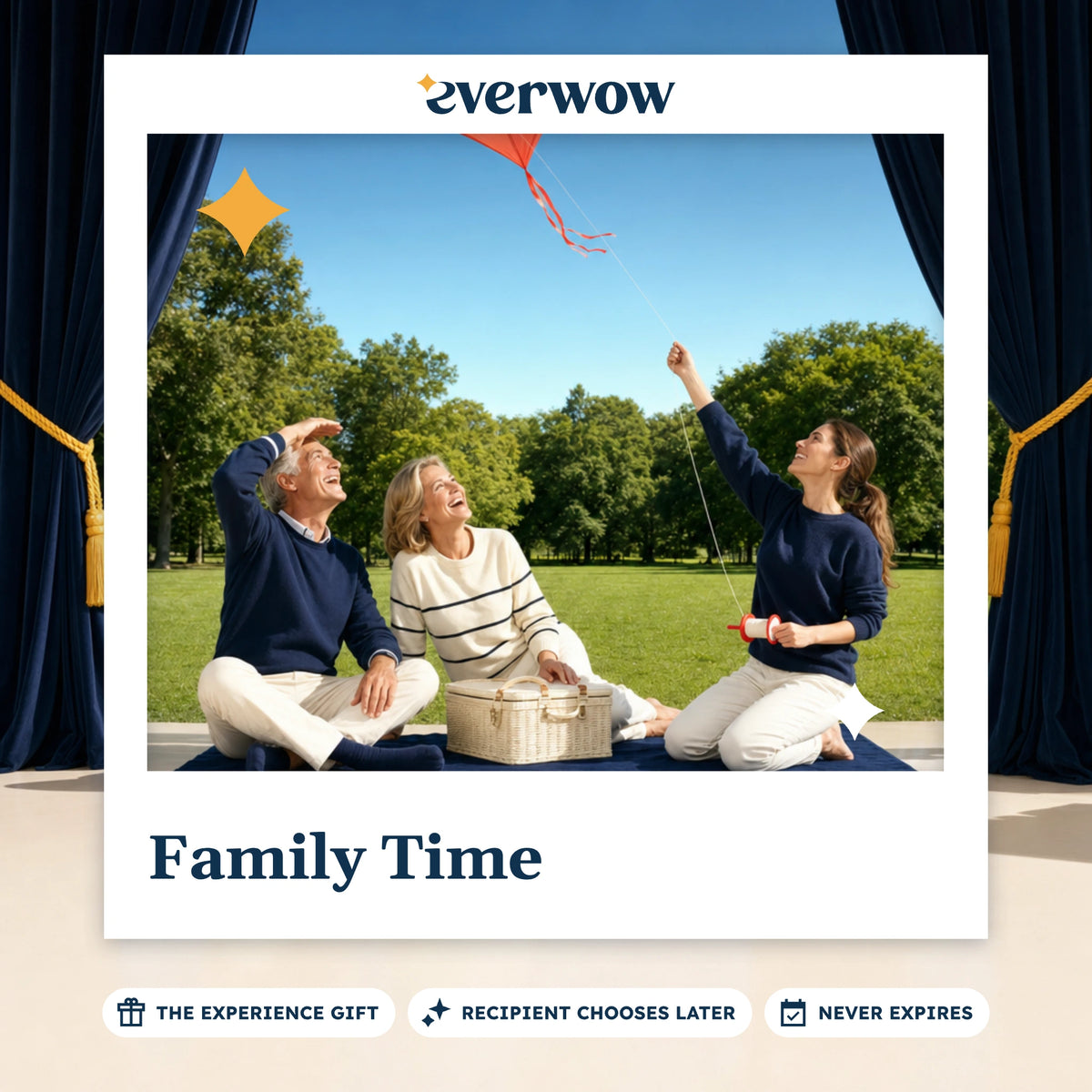 Everwow Family Time experience gift photo in a frame, kite flying at a park picnic